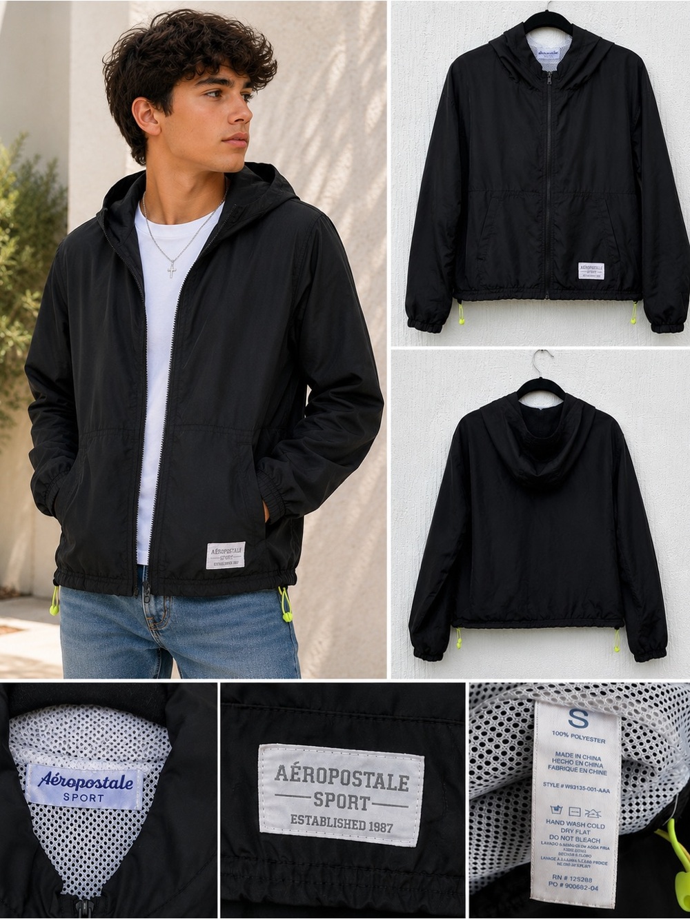 Aeropostale Sport Black Hooded Windbreaker Jacket Women’s Small Lightweight